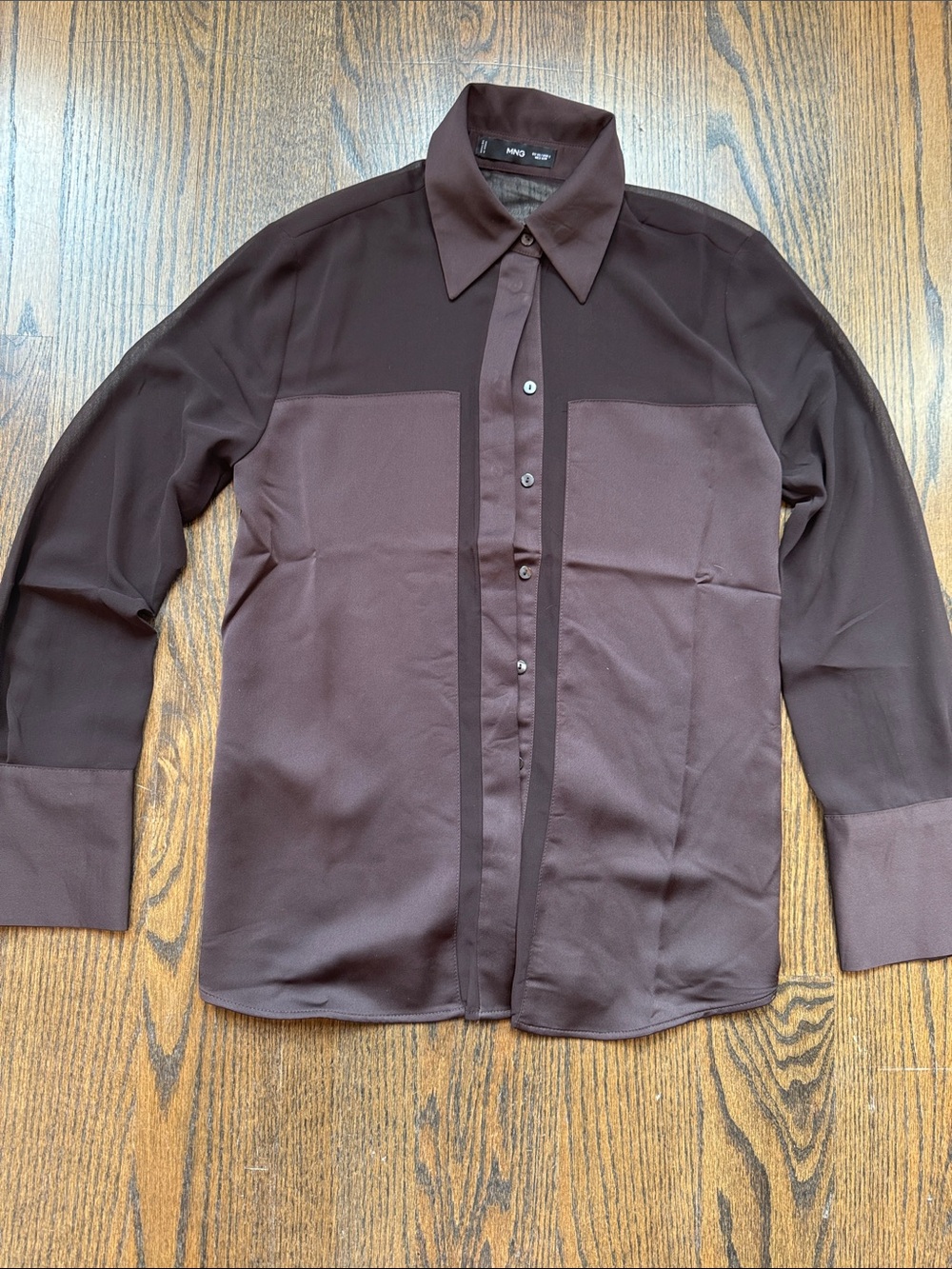 Mango Women’s Dark Brown Long-Sleeve Silk Panel Button-Up Shirt